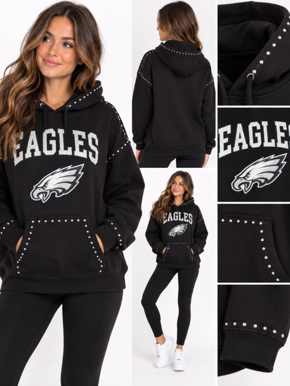 Philadelphia Eagles XL Studded Rhinestone Hoodie Gameday Couture NFL Women Black